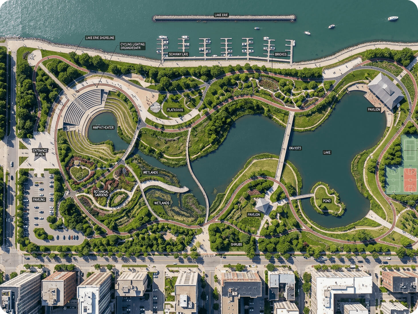 Diseño de ingeniería: parque urbano visto desde el aire