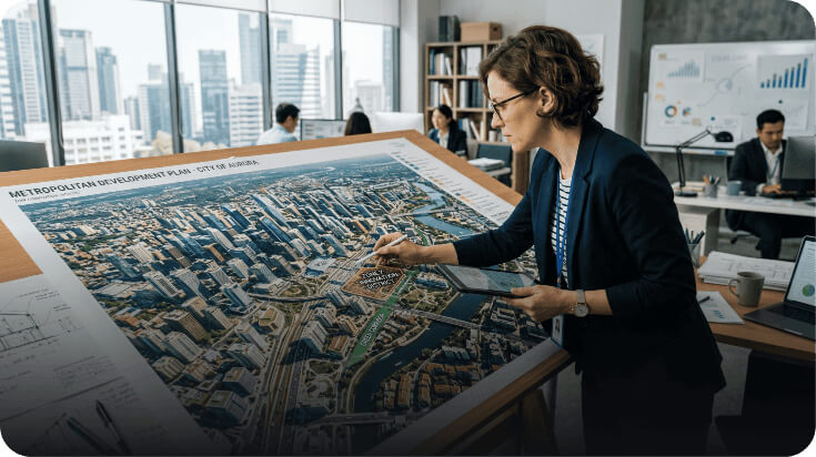 Urbanistas revisando una maqueta de ciudad
