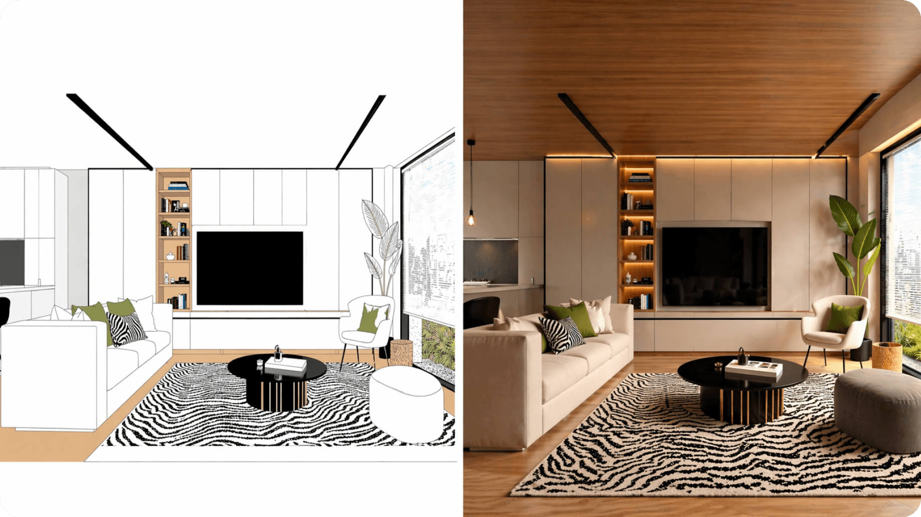 Comparativa: boceto de interior y render realista