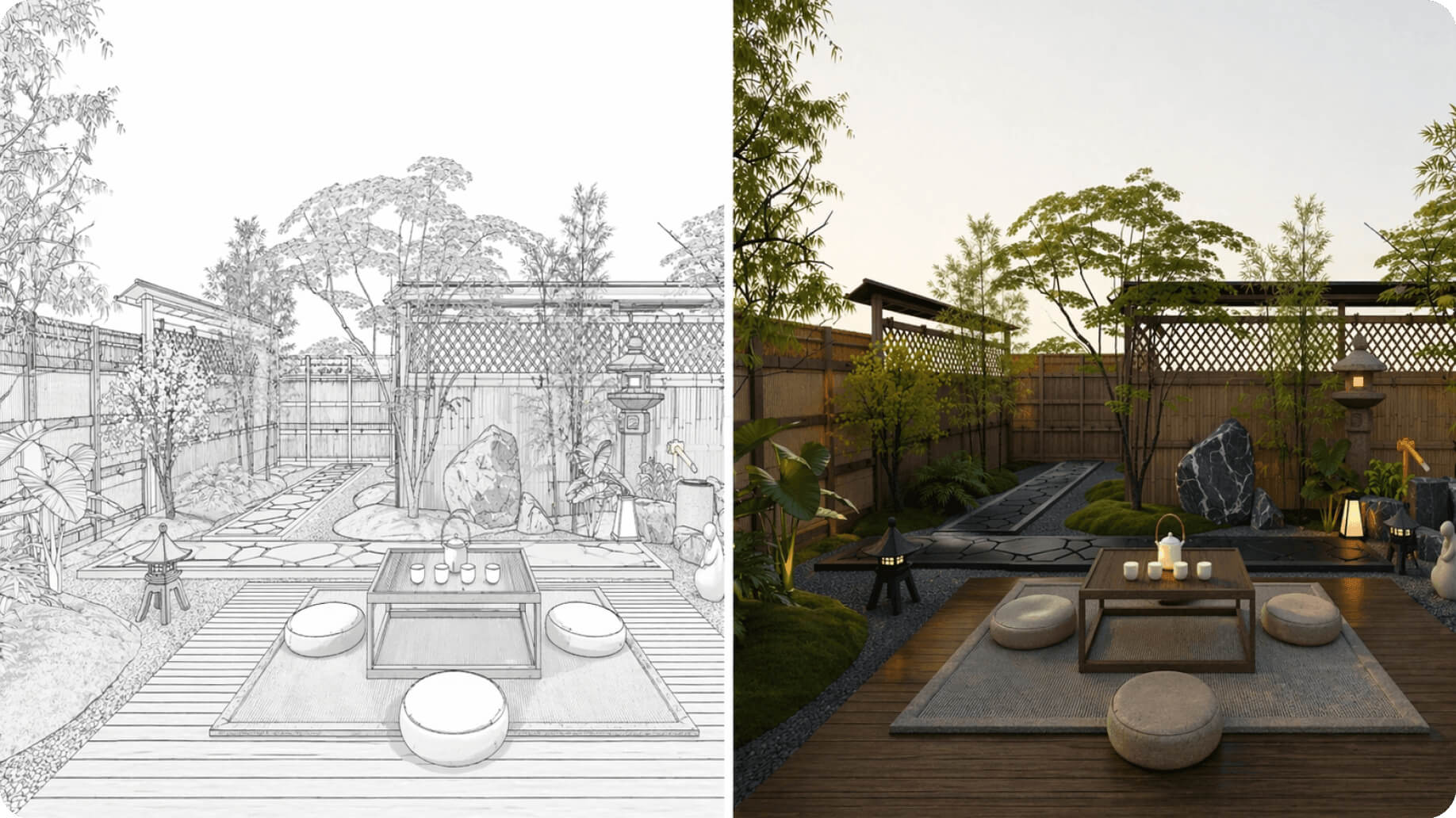 Comparativa: boceto de jardín y render de paisaje